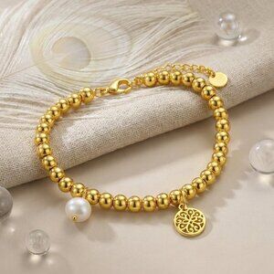 18K Gold Beaded Bracelet Filigree Mandala Pearl Charm Whimsigoth Boho Yoga